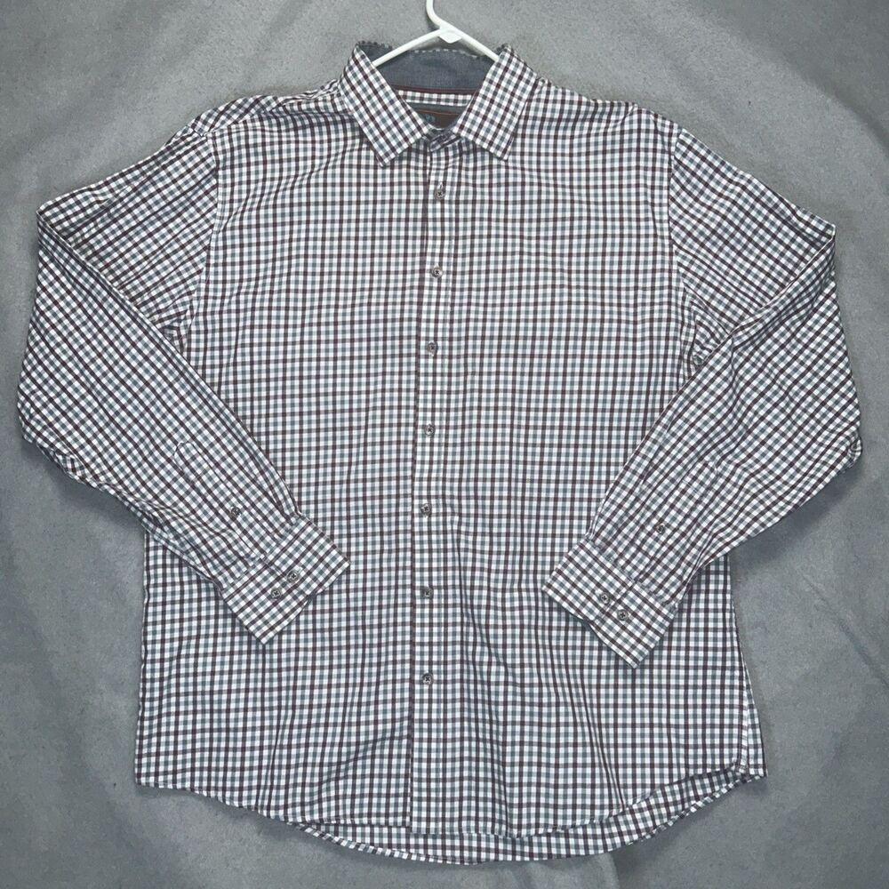 James Tattersall Button Down Long Sleeve Dress Shirt 2XL 18-18.5 Red Gray Cotton